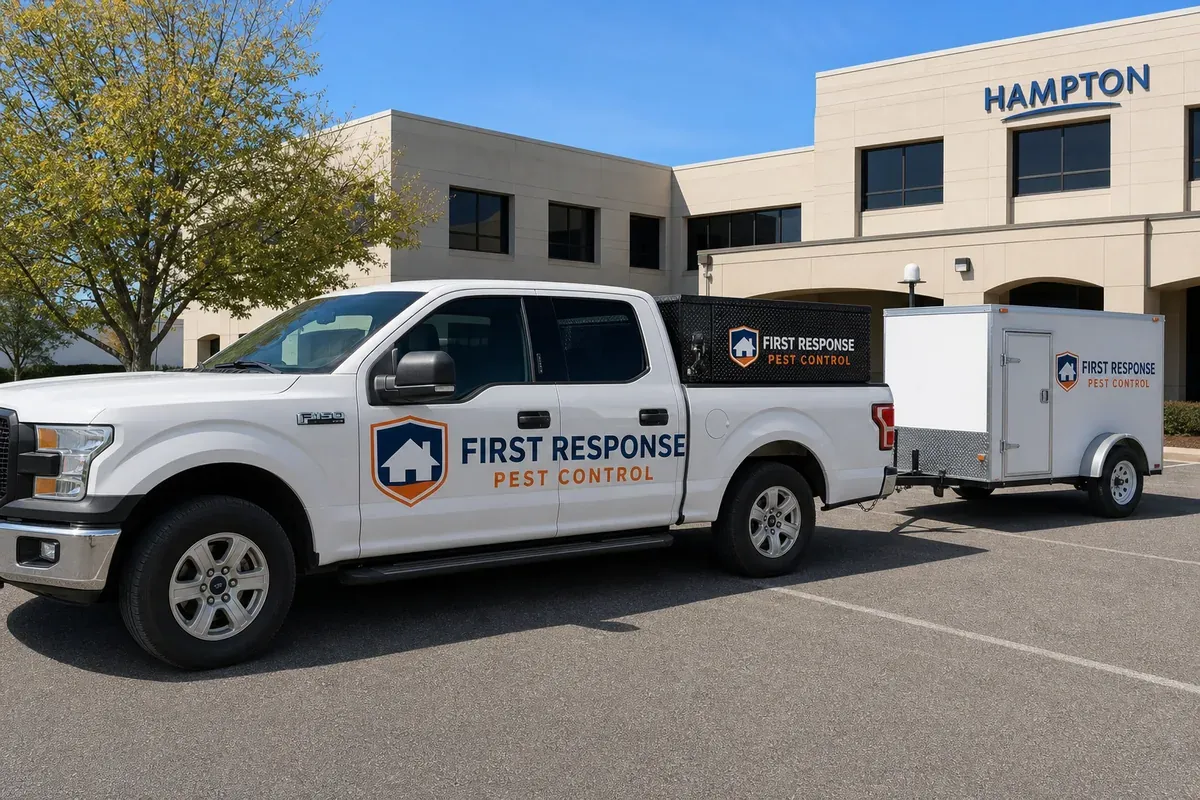 First Response Pest Control branded pickup truck with locked equipment box at a Hampton, VA commercial property