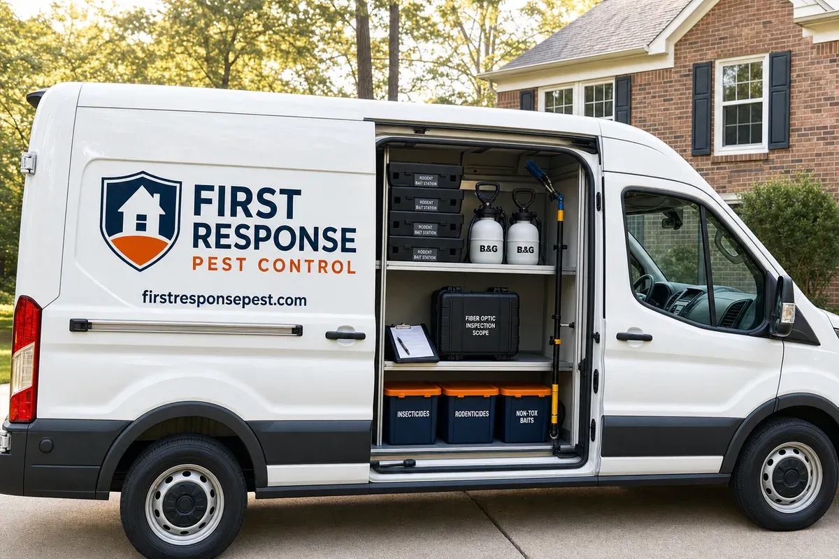 First Response Pest Control branded service van with open cargo door showing organized pest-control gear in Hampton, VA