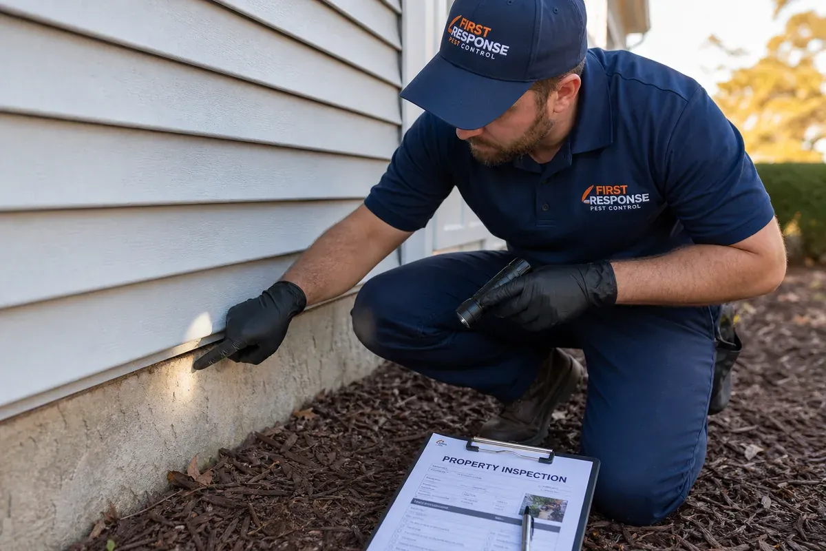 Pest control technician inspecting a Hampton, VA home foundation